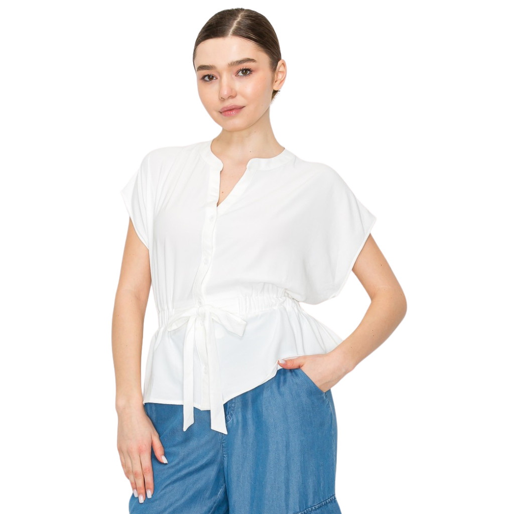 Blusa Blanca Ligera con Ajuste en Cintura Manga Corta Elegante