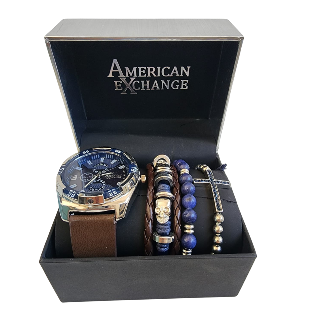 Set reloj American Exchange para hombre con pulseras azul y café