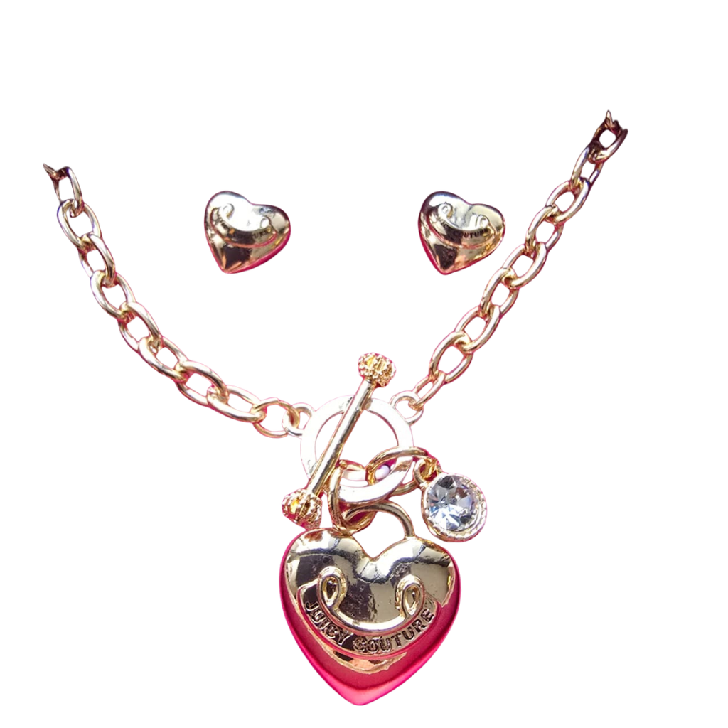 Set Juicy Couture Original Collar con Dije de Corazón y Cristal + Aretes Dorados para Mujer