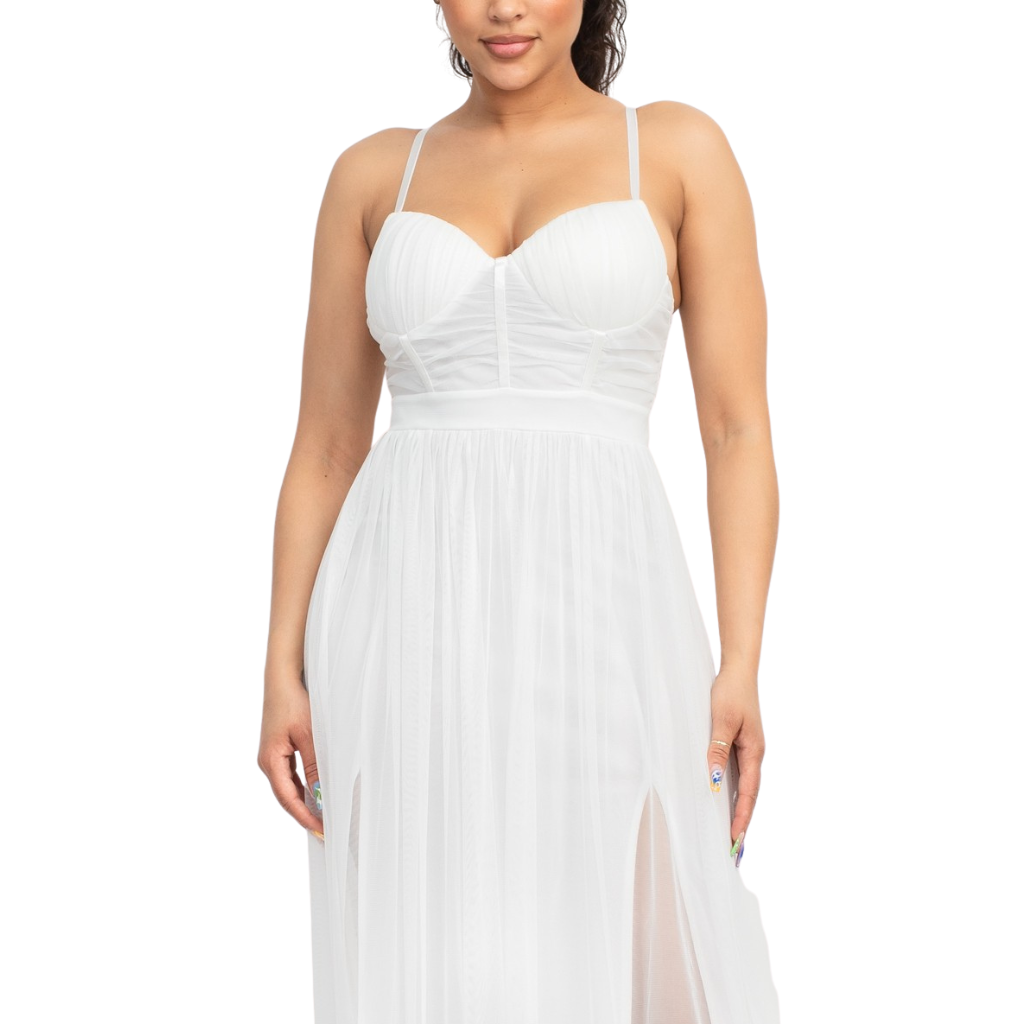 Vestido largo blanco con corset y doble abertura