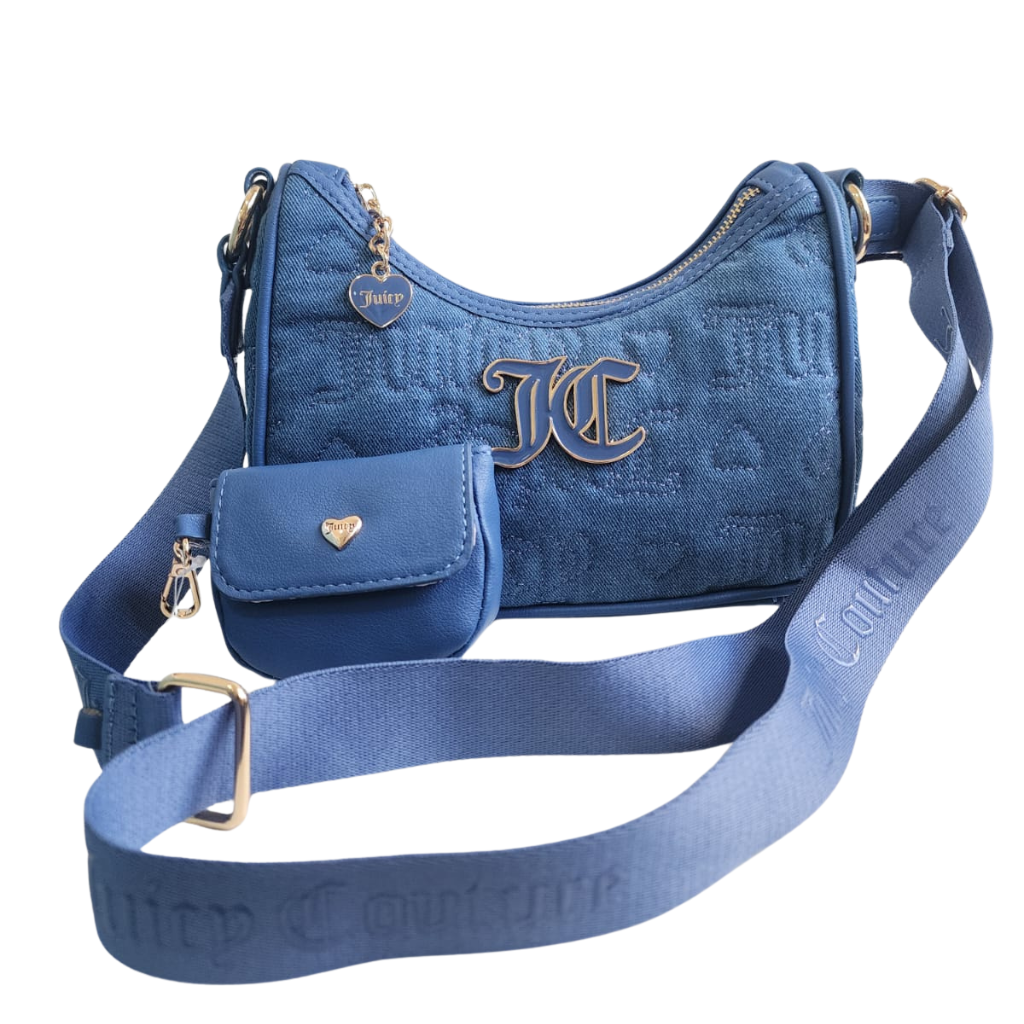 Bolsa Juicy Couture denim azul con monedero y correa ajustable