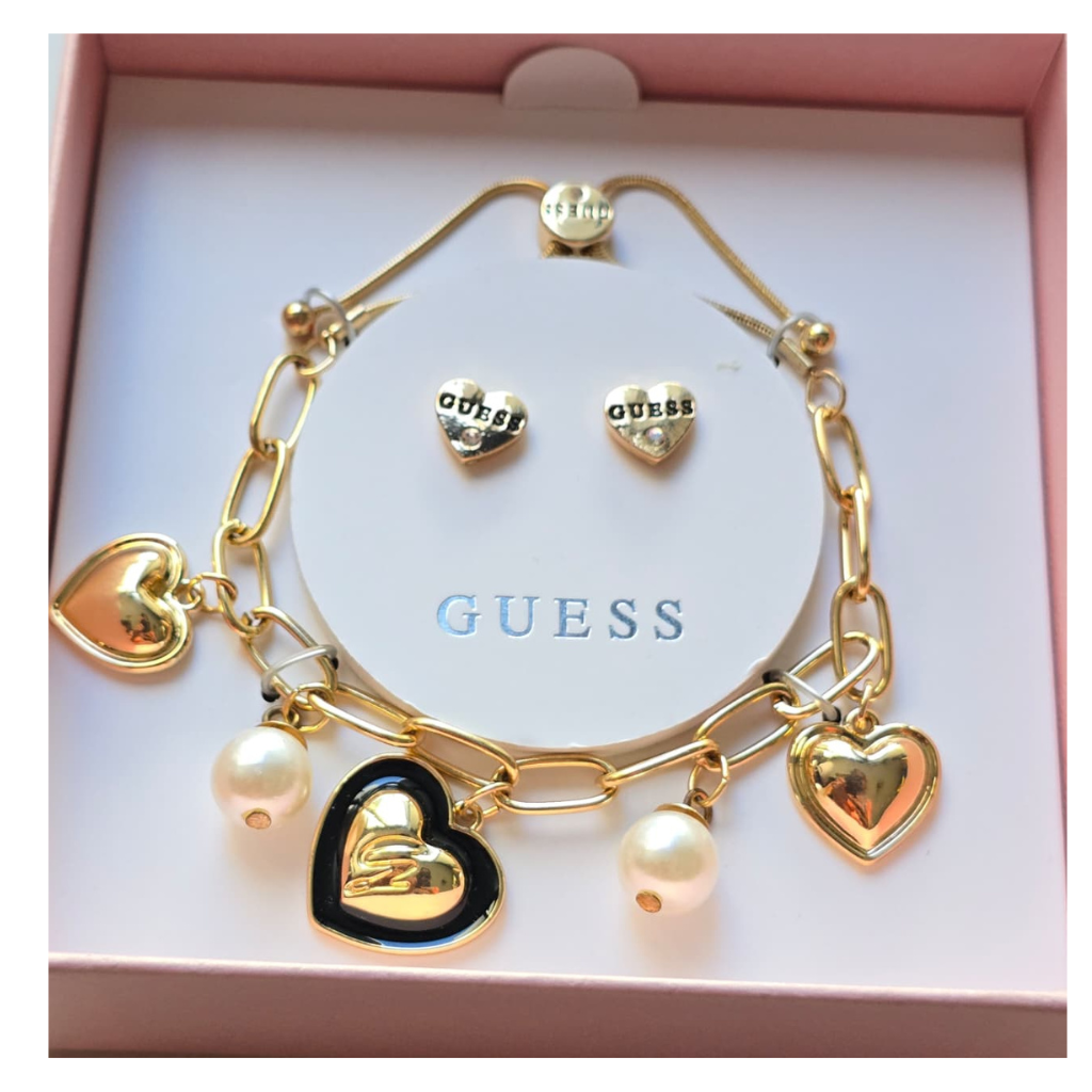 Set Guess Original Pulsera Ajustable Con Dijes Corazón + Aretes Dorados