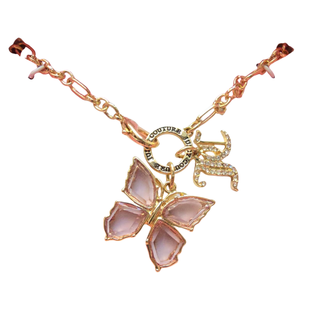 Collar Juicy Couture Original Mariposa Rosa con Cristales y Cadena Ajustable Dorada