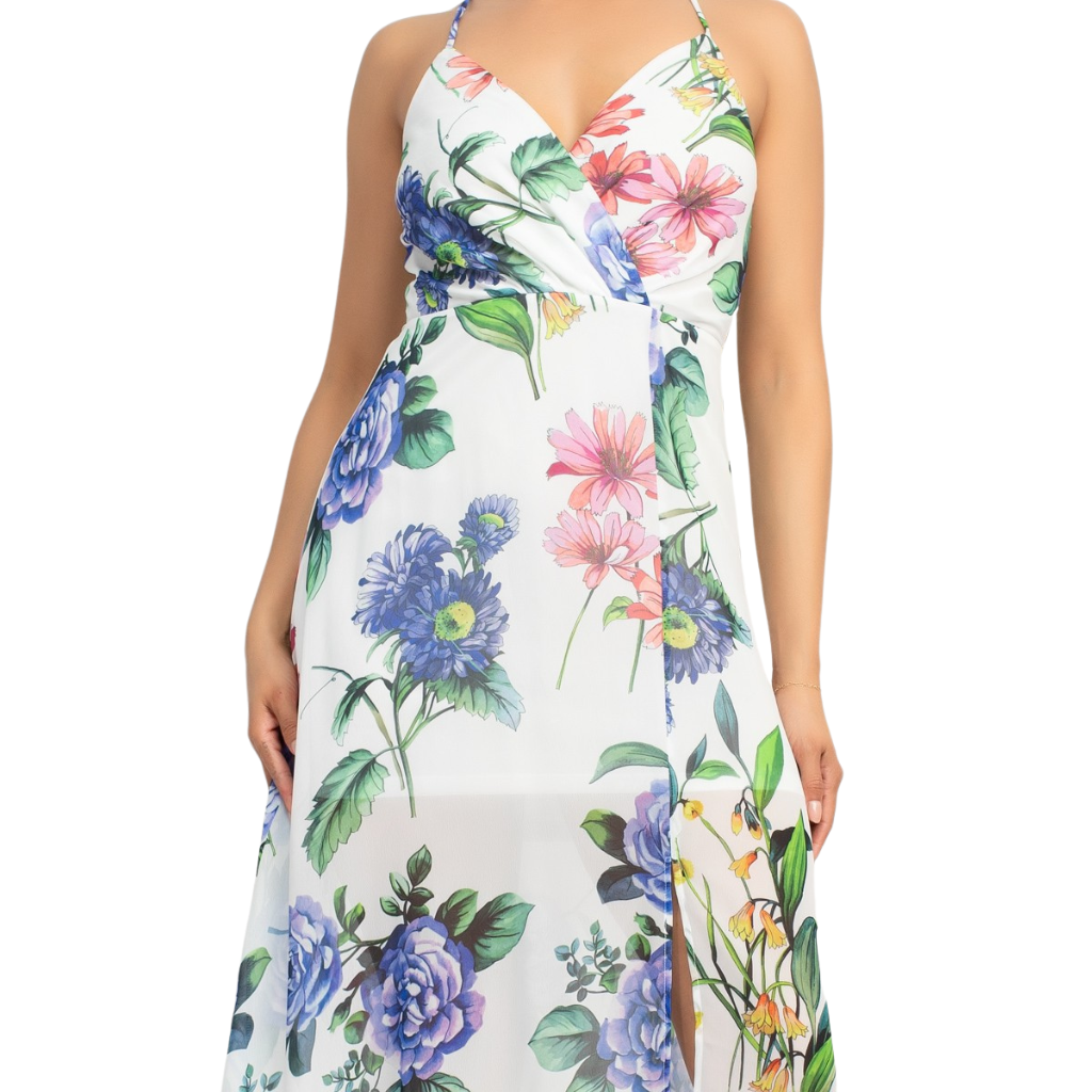 Vestido Largo Floral con Escote Cruzado y Abertura