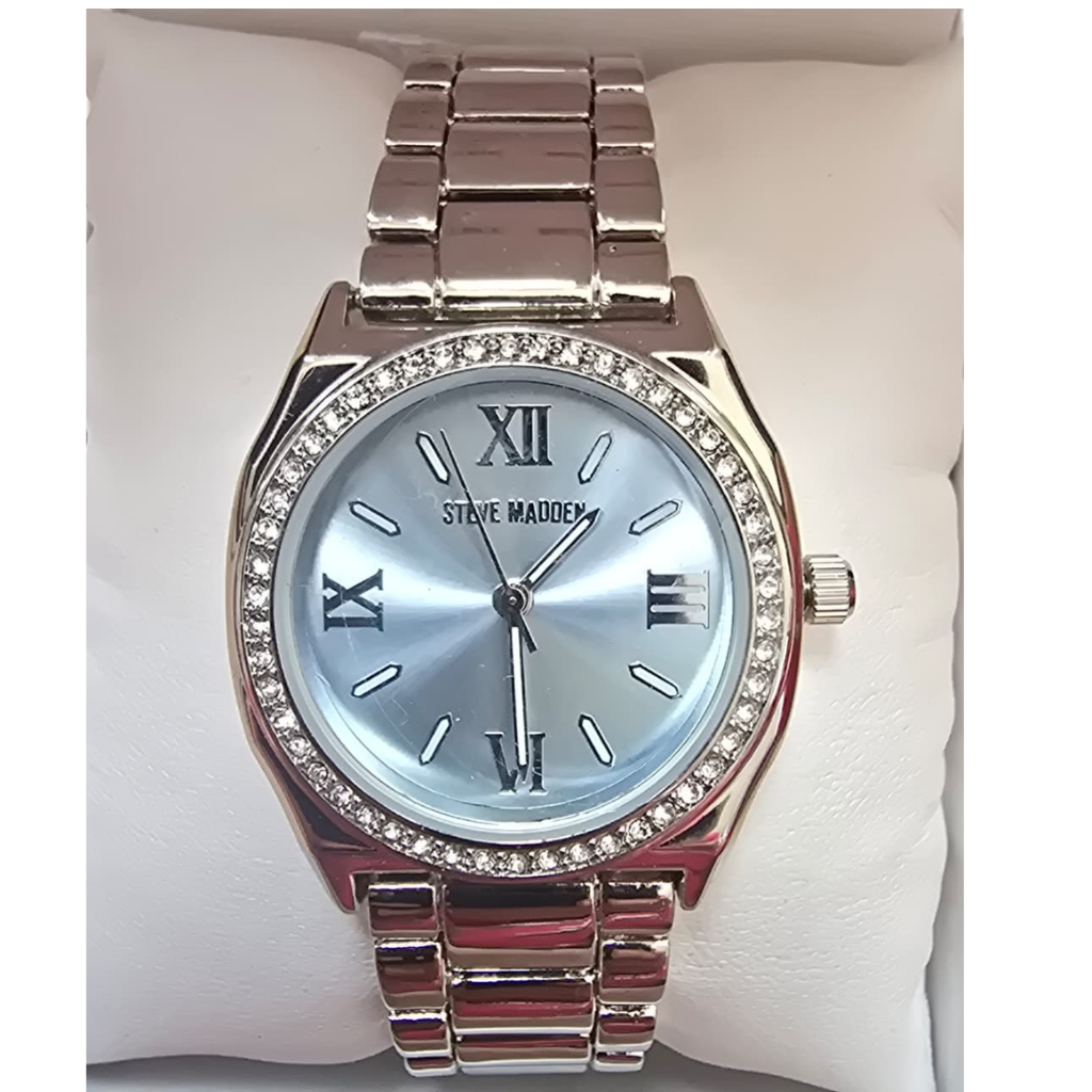 Reloj Steve Madden Original para Mujer Plateado con Carátula Azul y Cristales