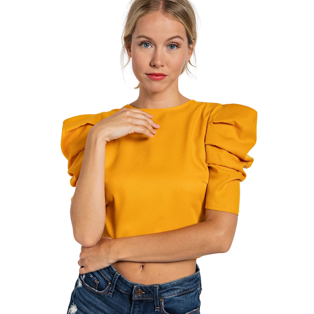 Crop top mostaza con mangas abullonadas y moño en espalda