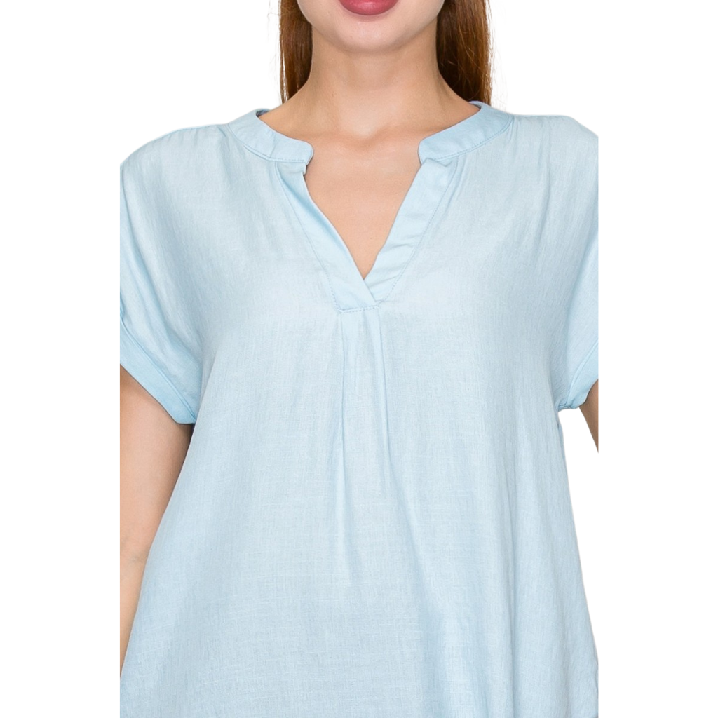 Blusa Azul Claro Básica Ligera Manga Corta Corte Fluido