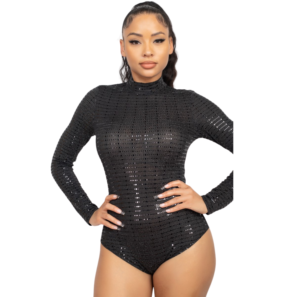 Bodysuit negro manga larga con brillos y cuello alto
