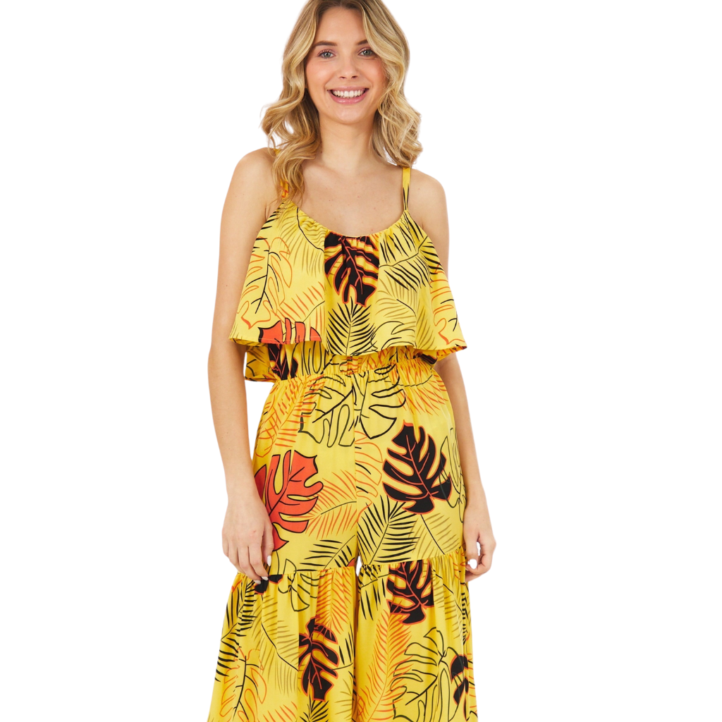 Jumpsuit largo amarillo estampado tropica