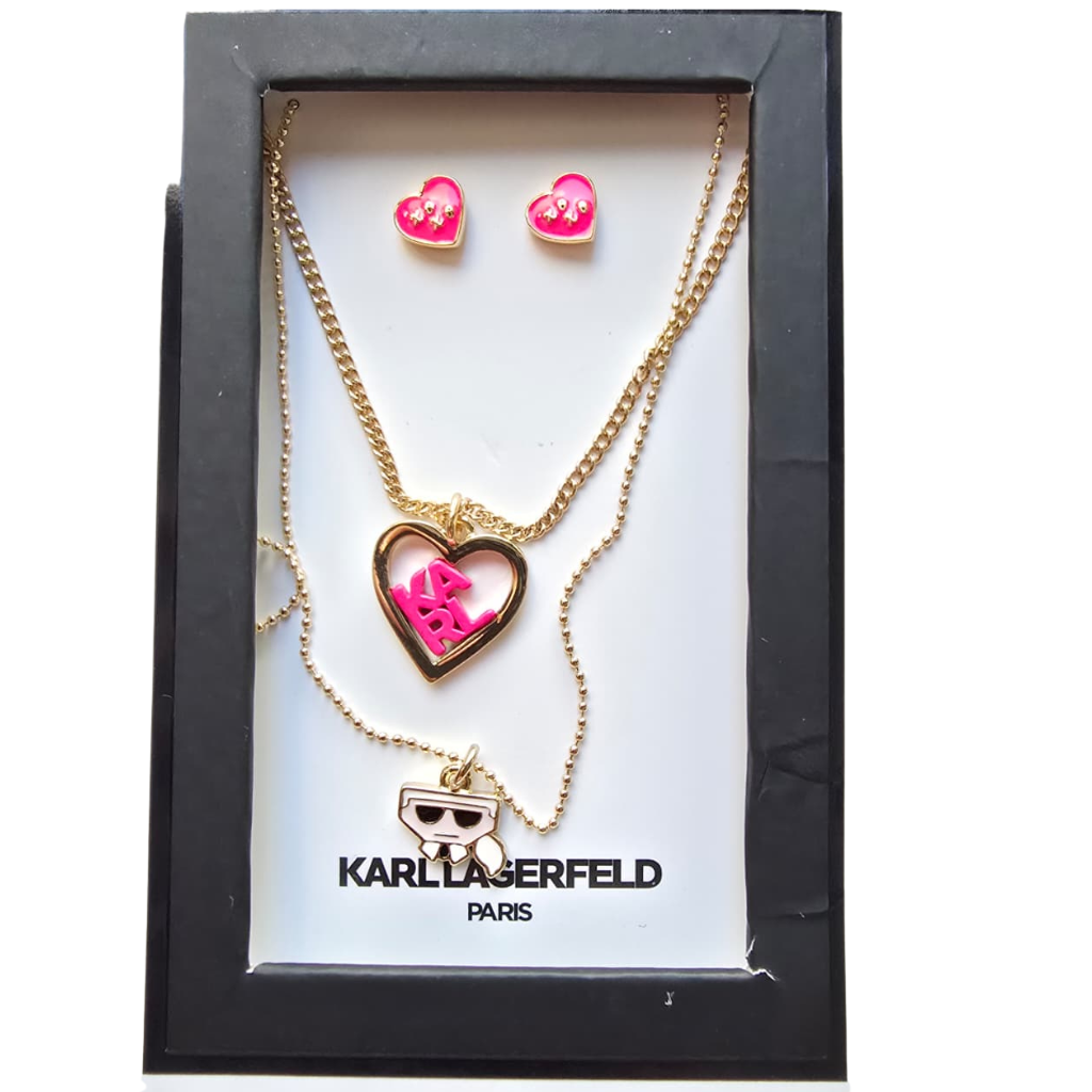 Set Karl Lagerfeld Original Collar Doble con Dije Corazón KARL + Aretes Corazón Rosa para Mujer