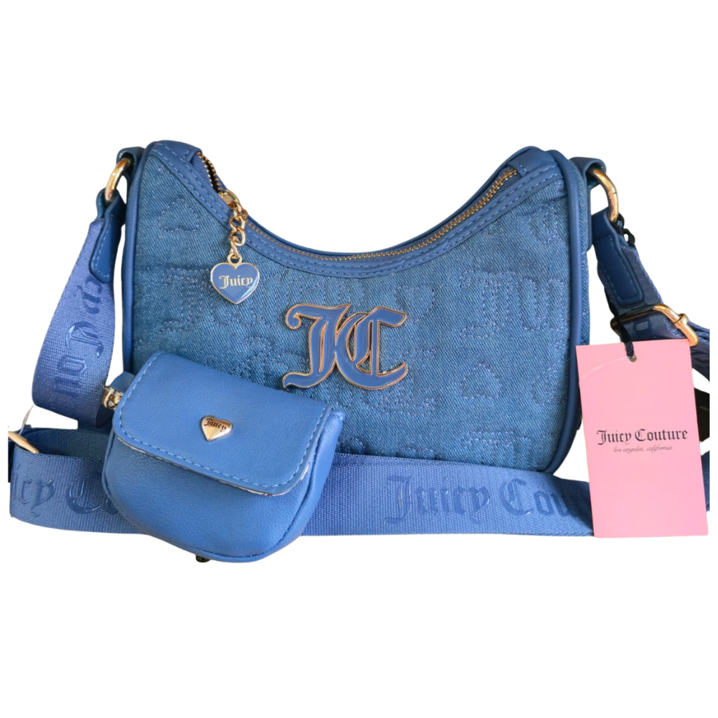 Bolsa Juicy Couture azul con monograma.