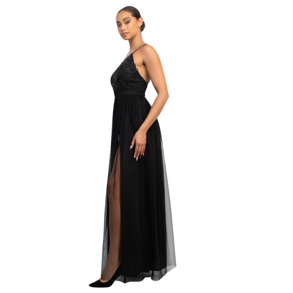 Vestido Largo Negro con Encaje y Tul