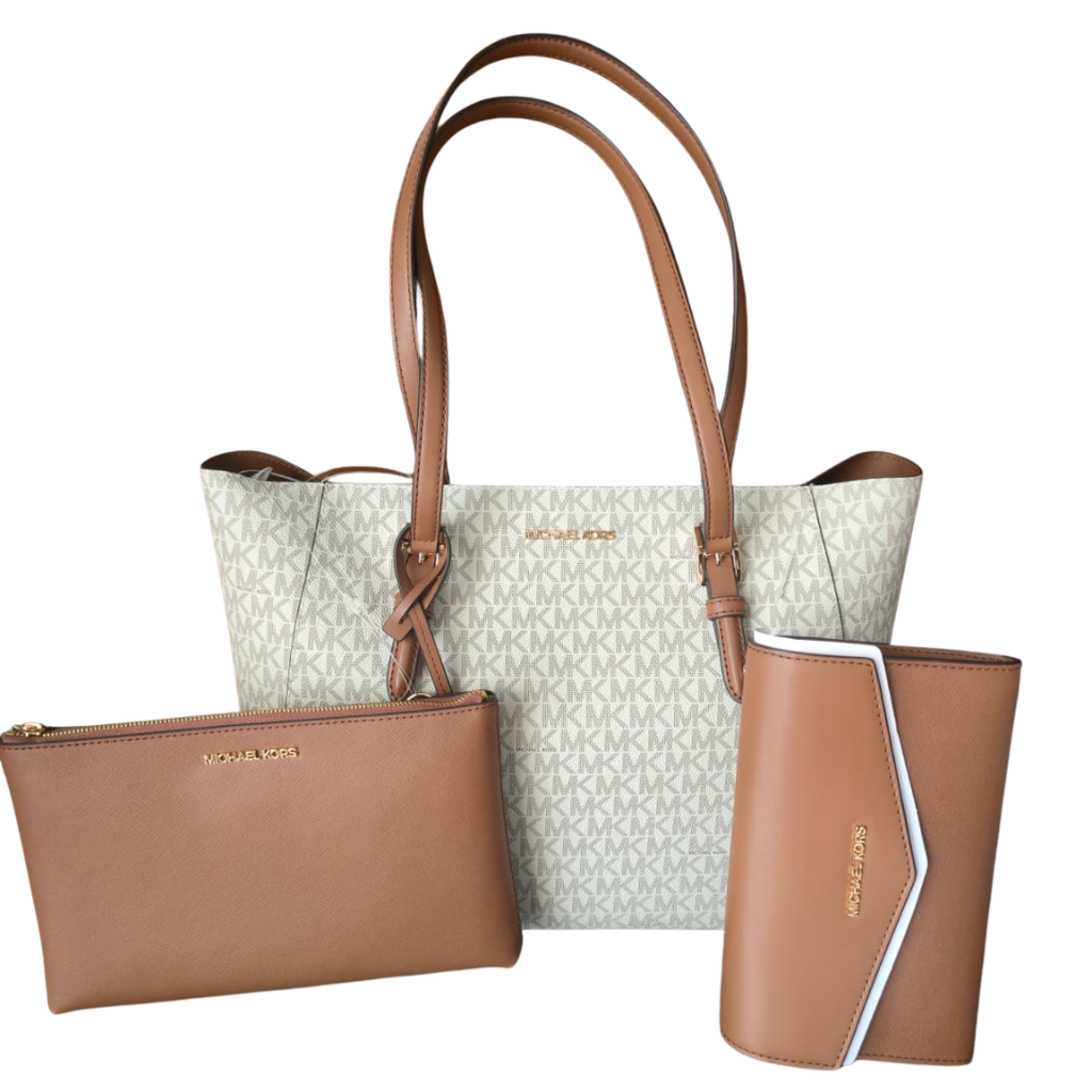 Bolsa Tote Michael Kors Original 3 en 1 Signature Vanilla con Cartera y Pouch Café