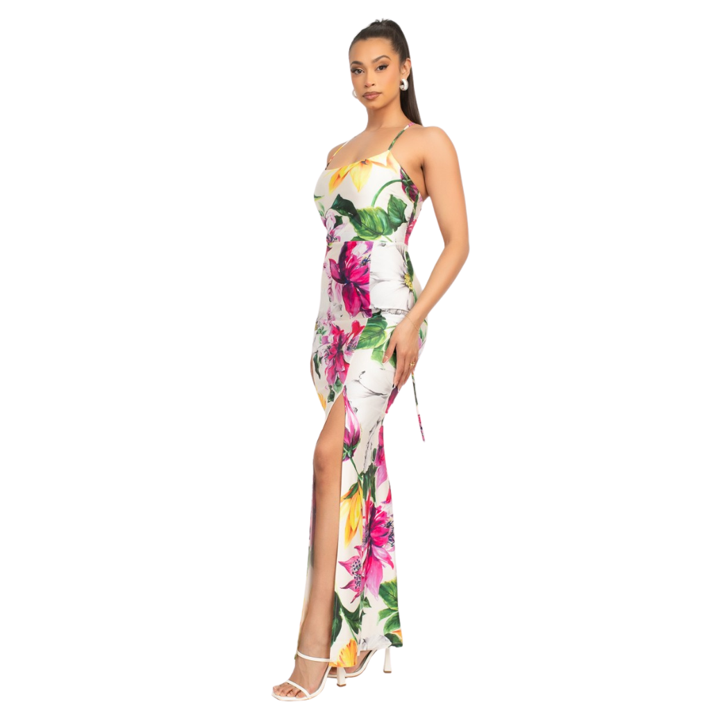 Vestido largo floral con espalda cruzada y abertura lateral