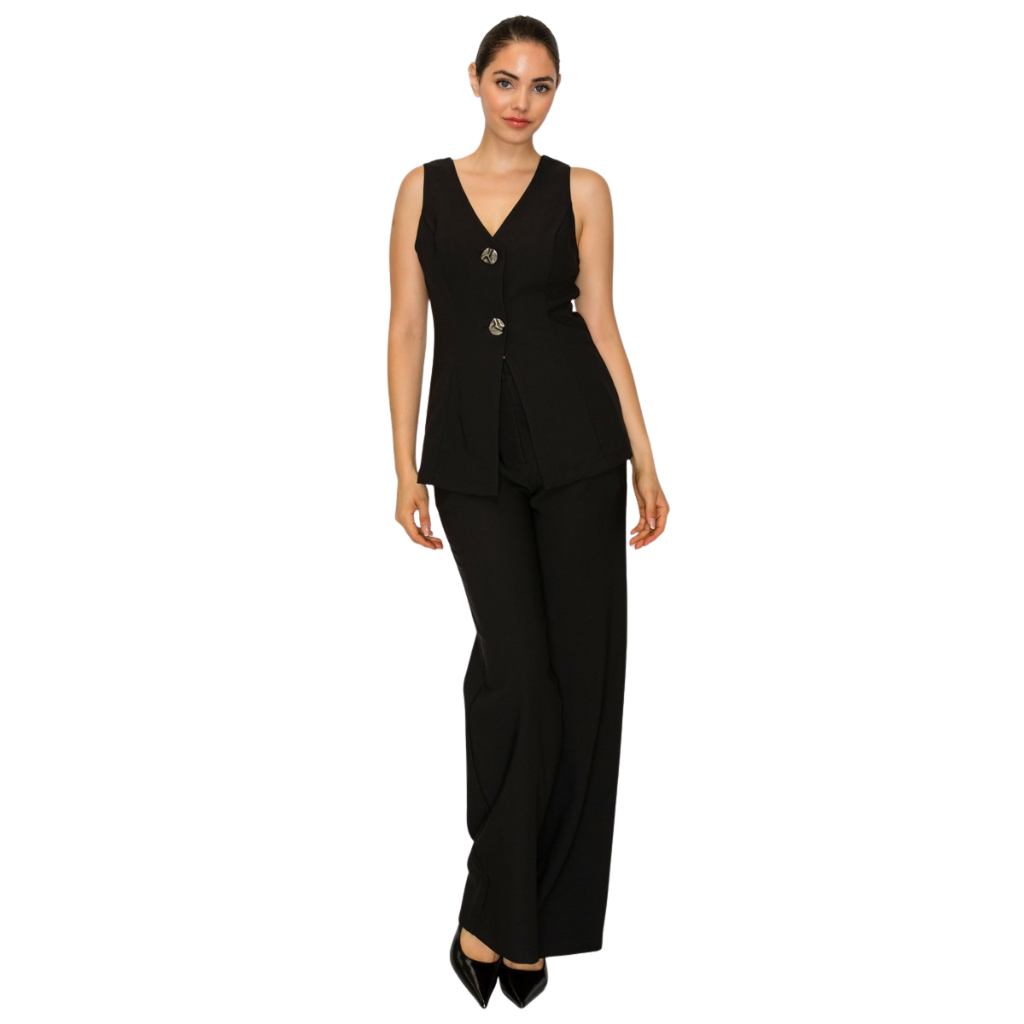 Blusa Negra Elegante sin Manga con Botones Metálicos