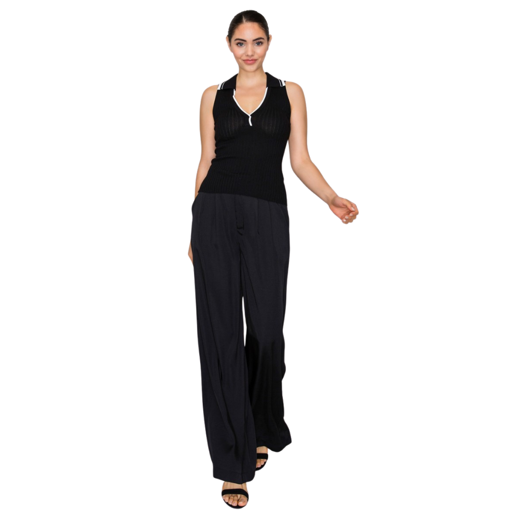 Blusa Negra Tejida Sin Manga Cuello Tipo Polo