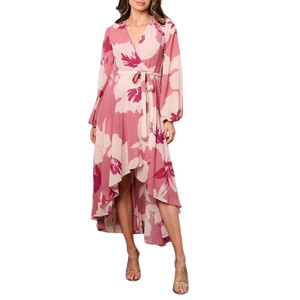 Vestido Largo Asimétrico Floral Rosa con Cinturón