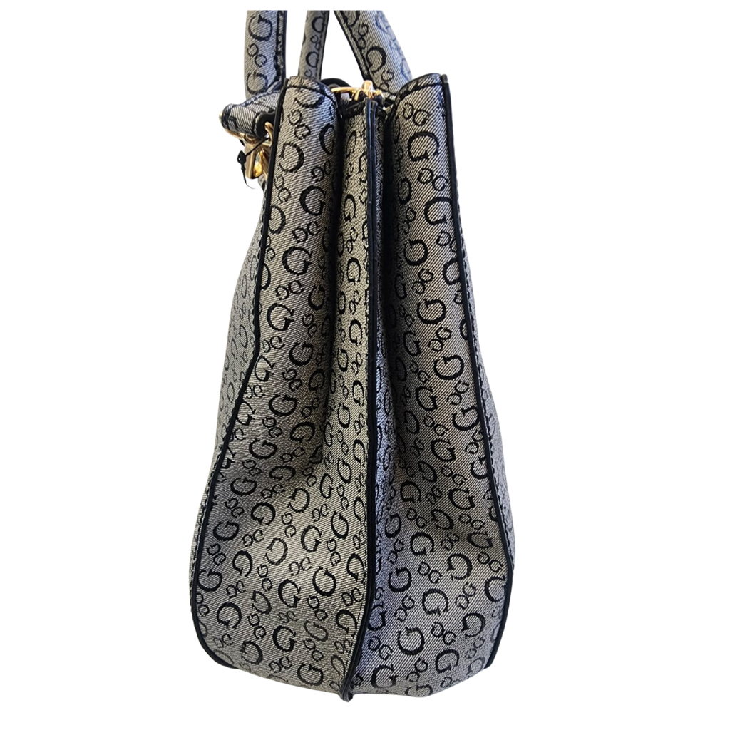 Bolsa Guess satchel monograma gris con correa larga