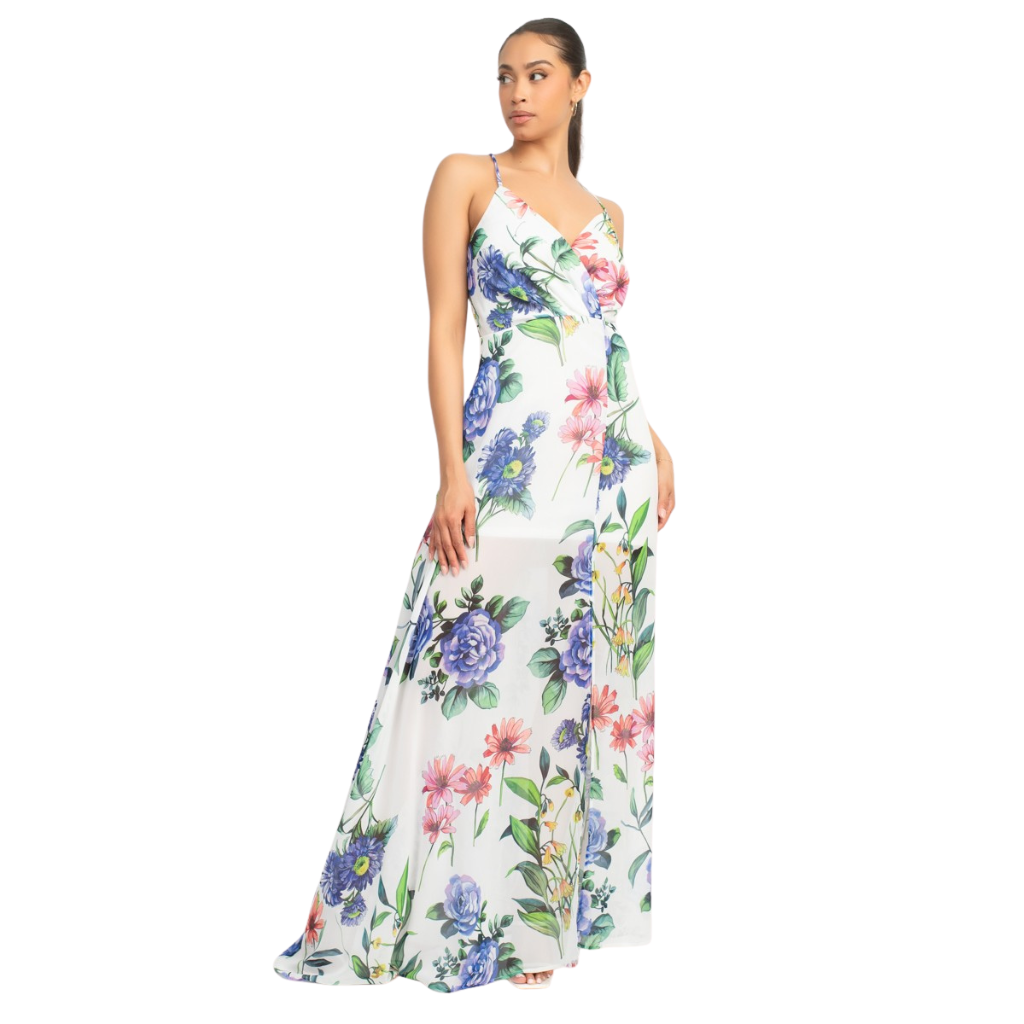Vestido Largo Floral con Escote Cruzado y Abertura