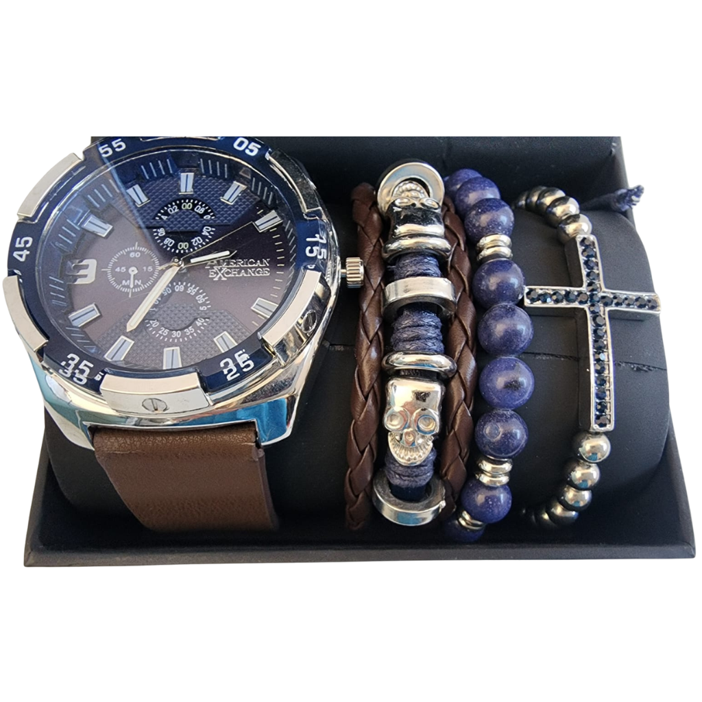 Set reloj American Exchange para hombre con pulseras azul y café