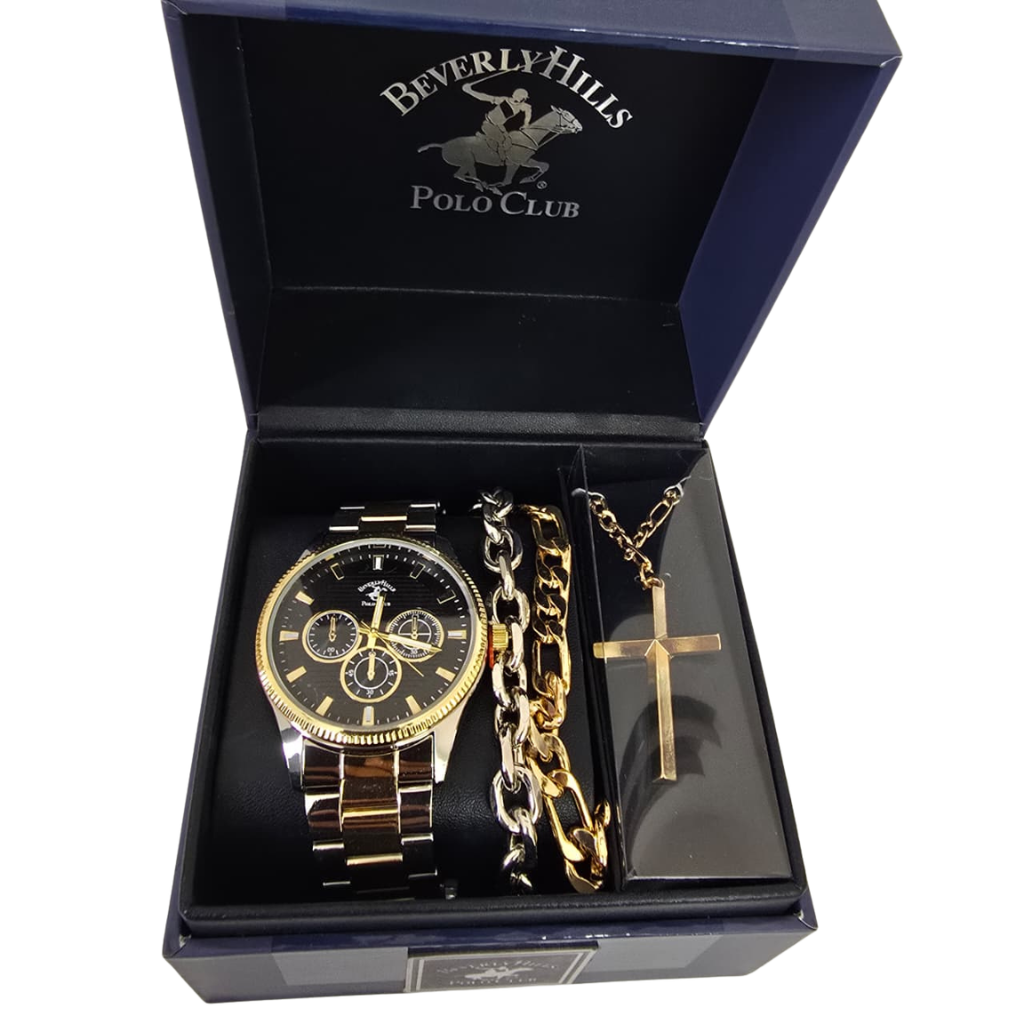 Set Beverly Hills Polo Club para Hombre con Reloj Bicolor, Pulseras y Collar con Cruz