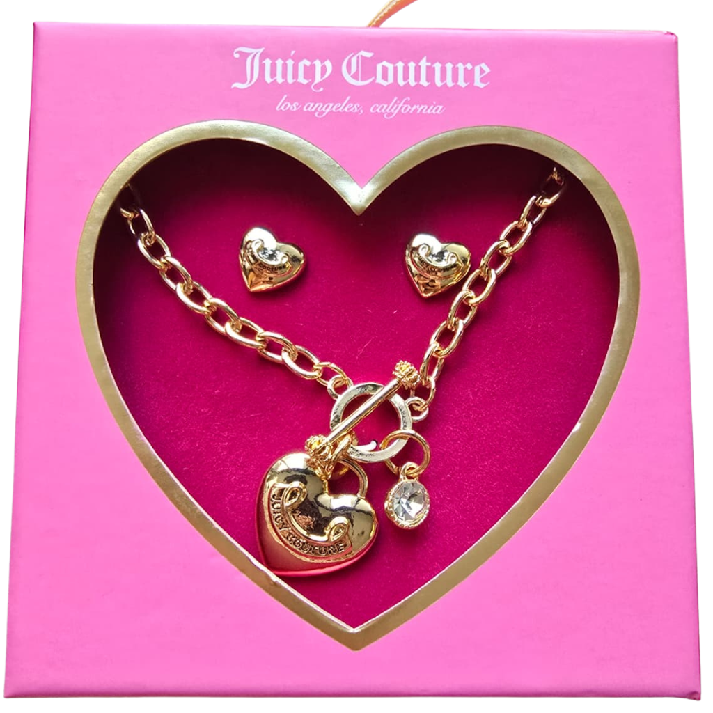Set Juicy Couture Original Collar con Dije de Corazón y Cristal + Aretes Dorados para Mujer