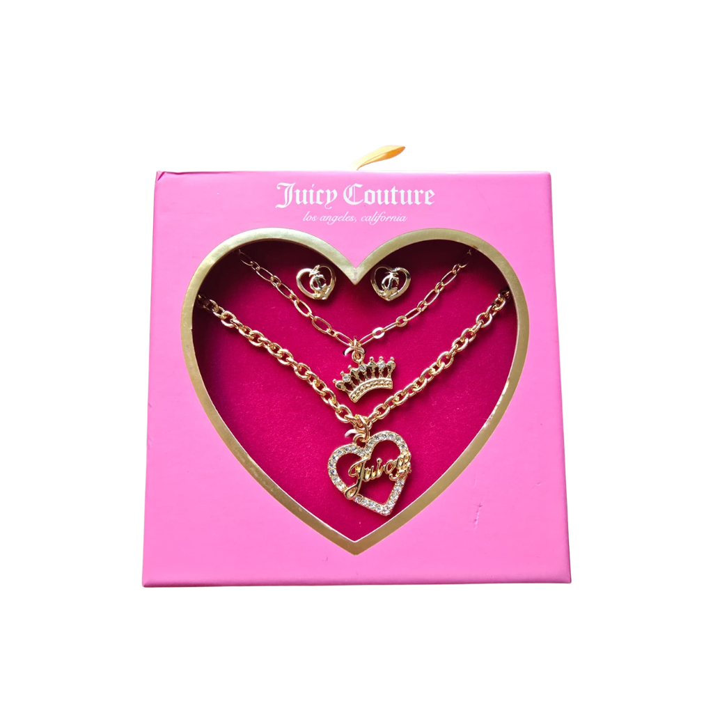 Set Juicy Couture Original Collar Doble + Aretes Dorados con Dije de Corazón y Corona