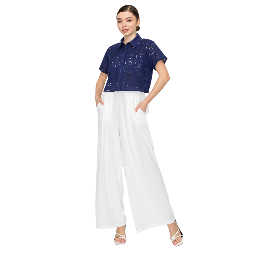 Blusa Azul Bordada Tipo Eyelet Manga Corta Elegante