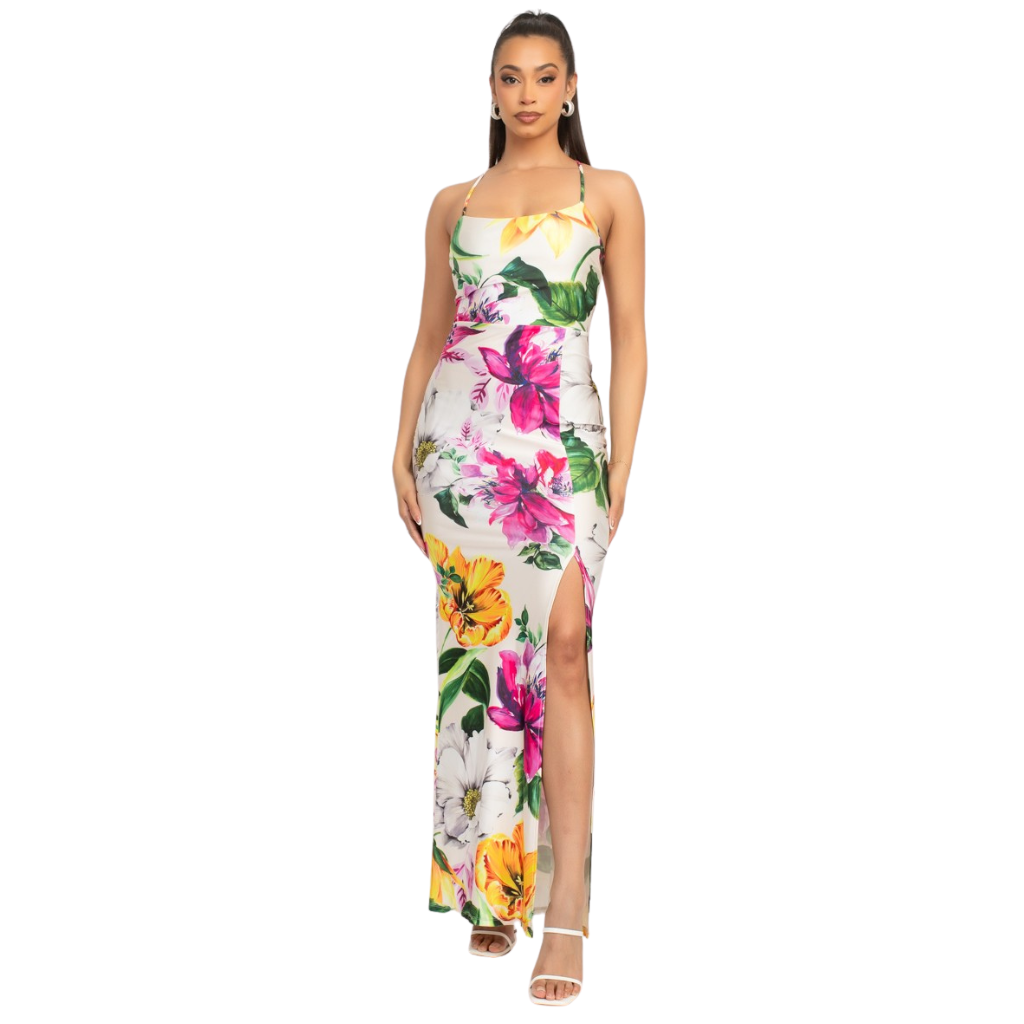 Vestido largo floral con espalda cruzada y abertura lateral