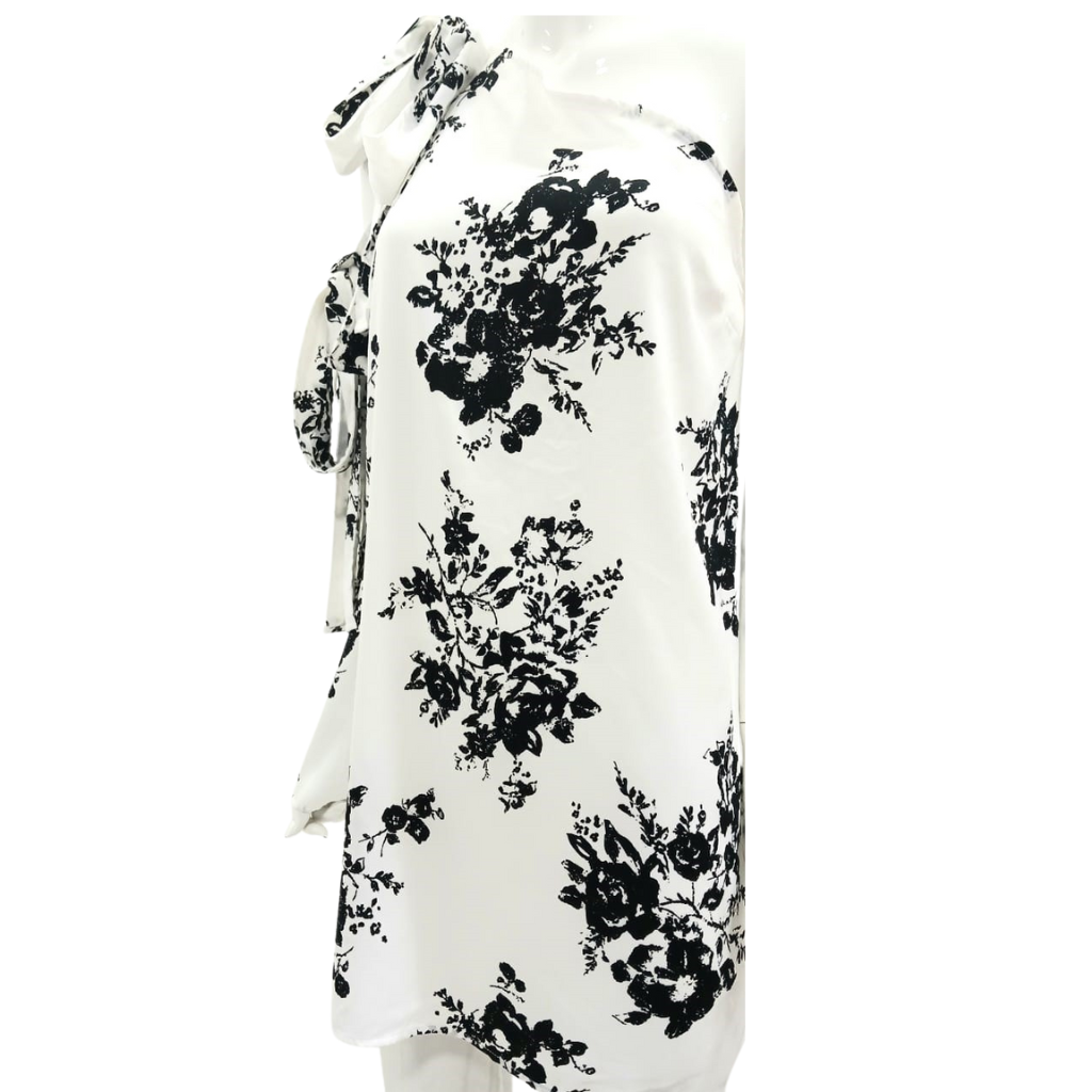 Vestido asimétrico floral blanco y negro con moños laterales
