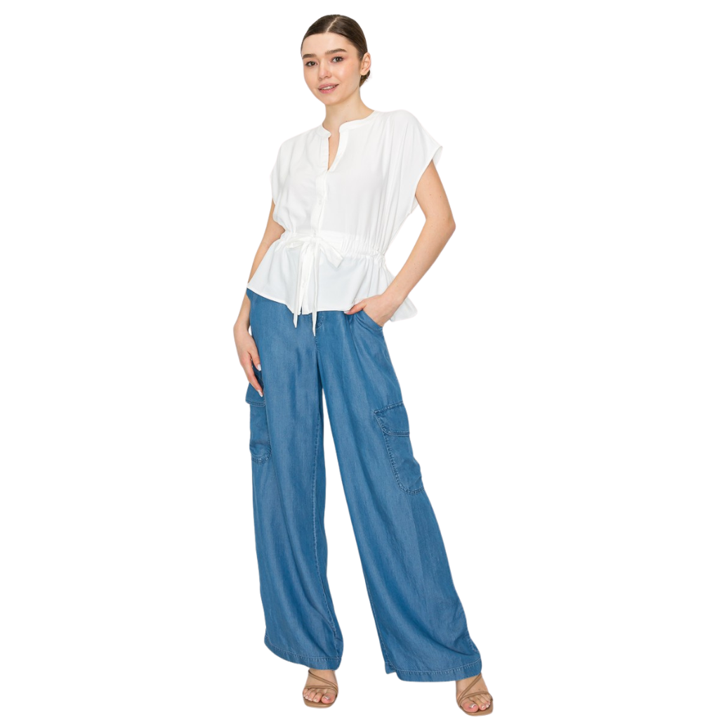 Blusa Blanca Ligera con Ajuste en Cintura Manga Corta Elegante