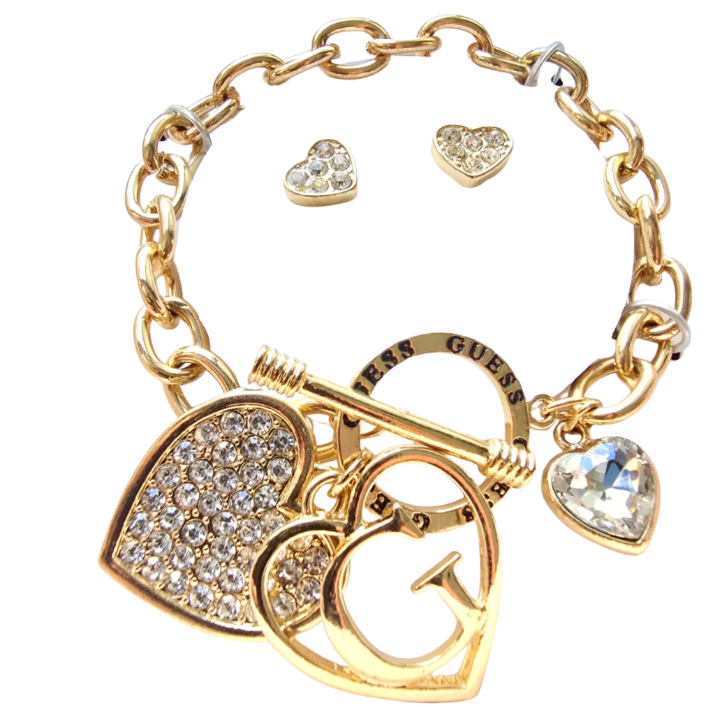 Set Guess Original Pulsera con Dijes Corazón Cristales + Aretes Dorados en Caja Original