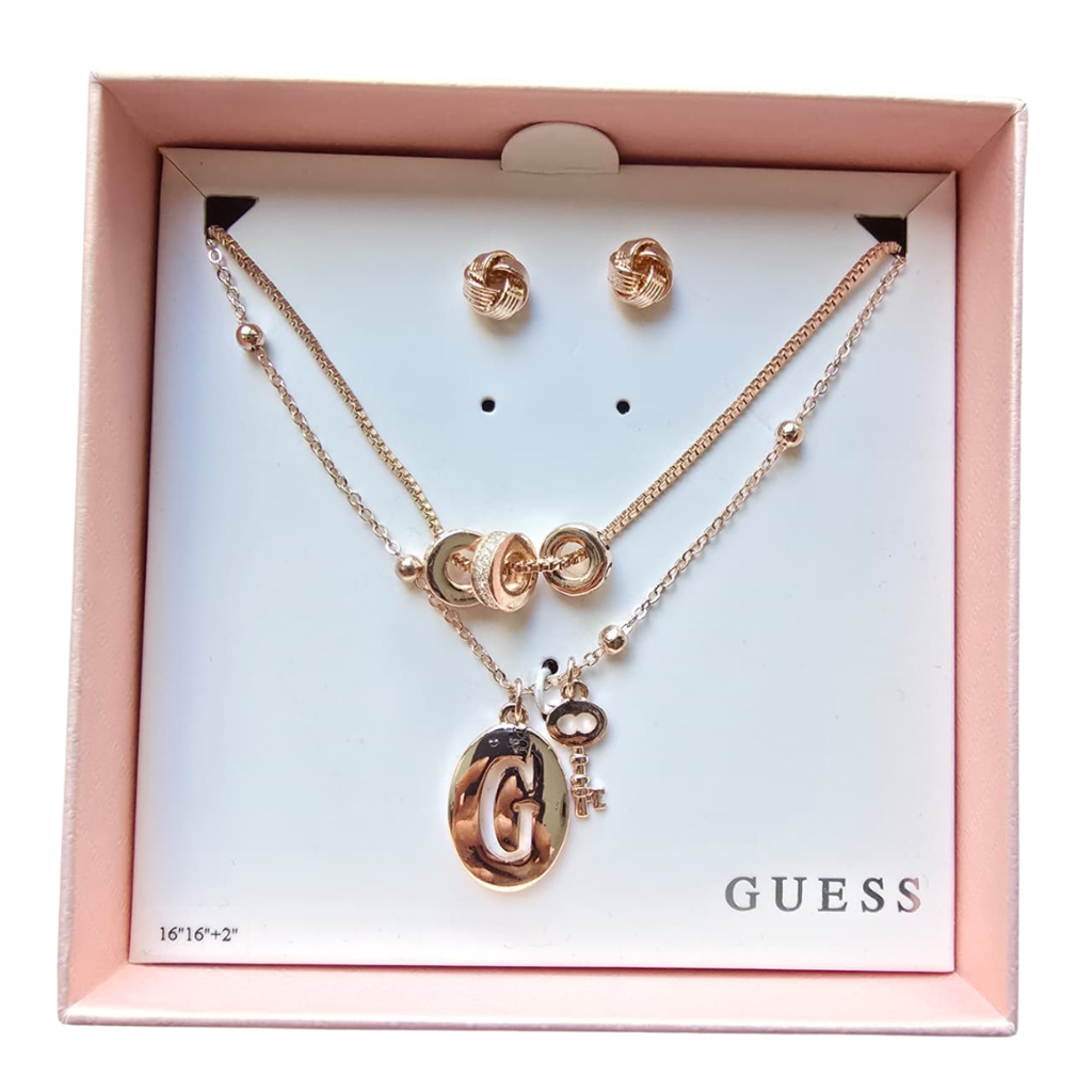 Set Guess Original Collar Doble con Dije G y Llave + Aretes Color Oro Rosa para Mujer