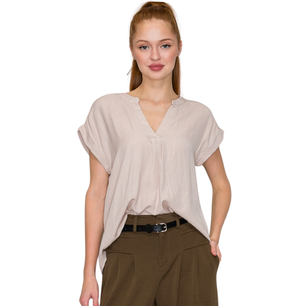 Blusa Beige Básica Suelta Manga Corta Cuello V