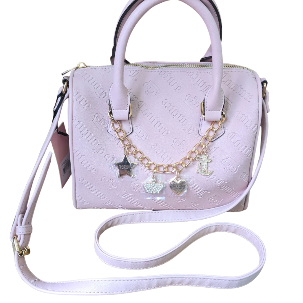 Bolso Satchel Juicy Couture Rosa Claro con Charms Decorativos y Correa Ajustable
