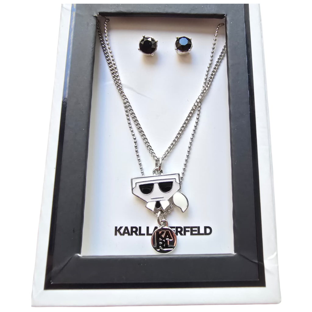Set Karl Lagerfeld Original Collar Doble con Dije Ikonik Karl + Aretes Negros para Mujer