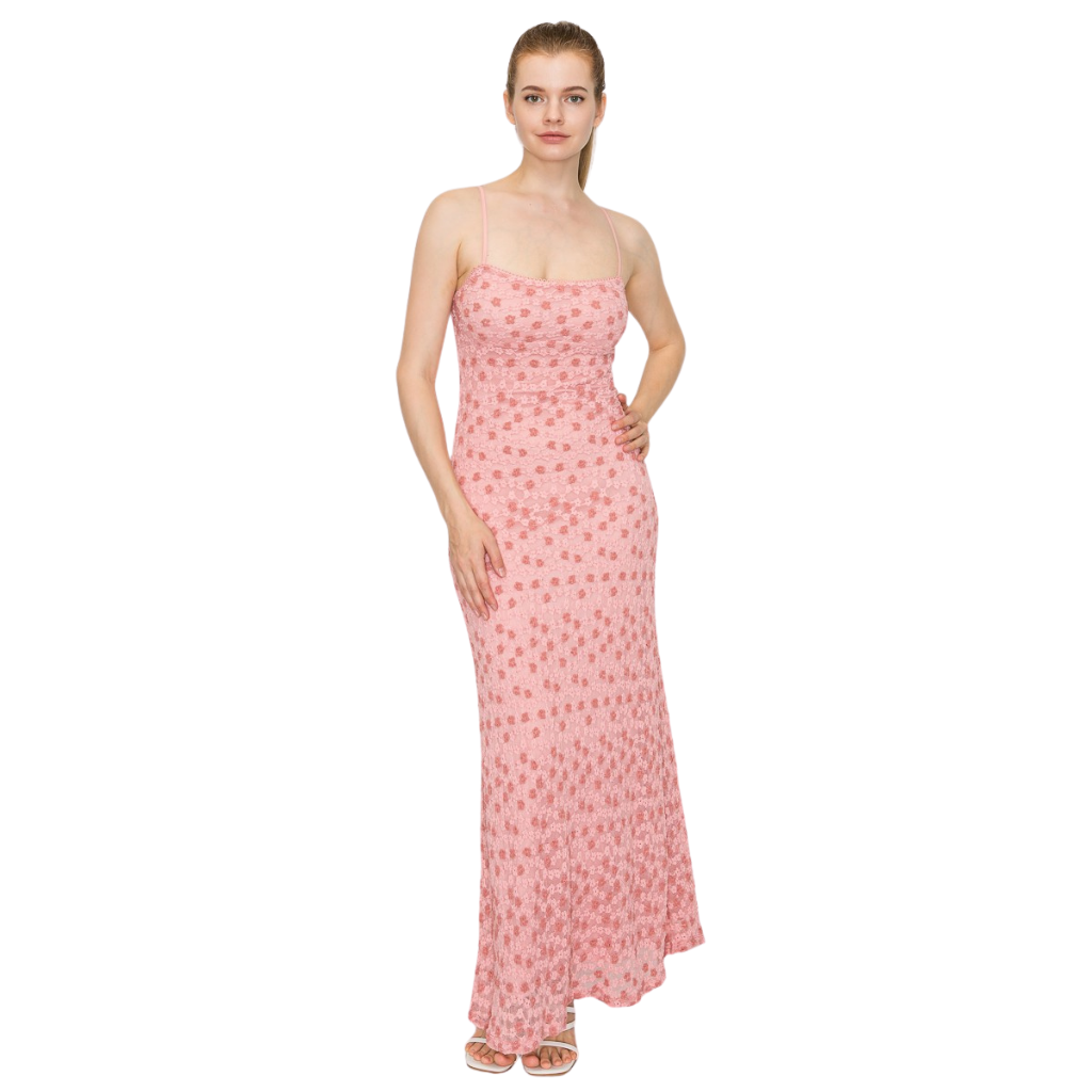 Vestido Largo Rosa Texturizado Elegante Con Tirantes