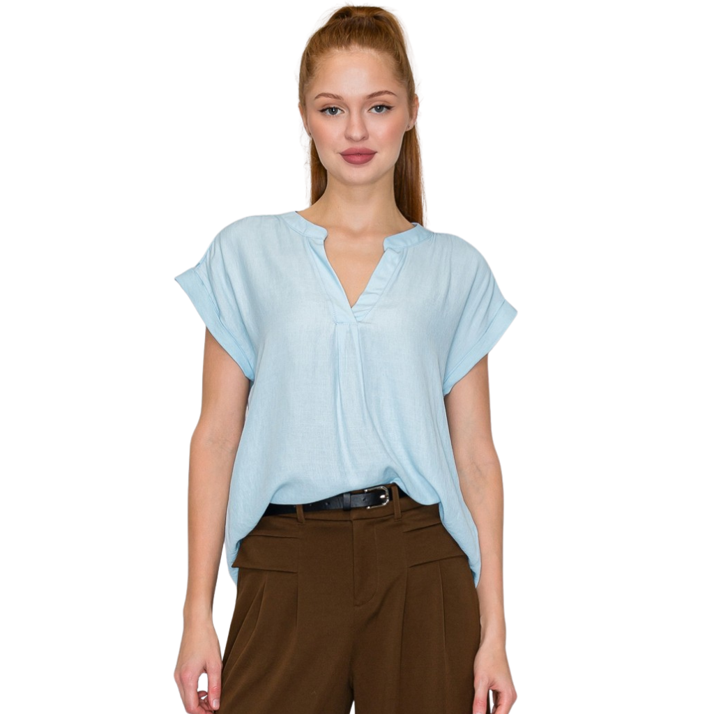 Blusa Azul Claro Básica Ligera Manga Corta Corte Fluido