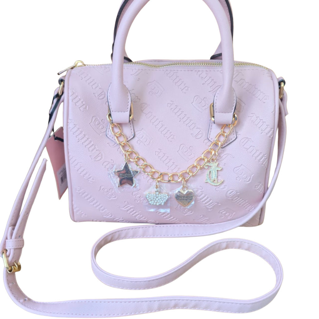 Bolso Satchel Juicy Couture Rosa Claro con Charms Decorativos y Correa Ajustable