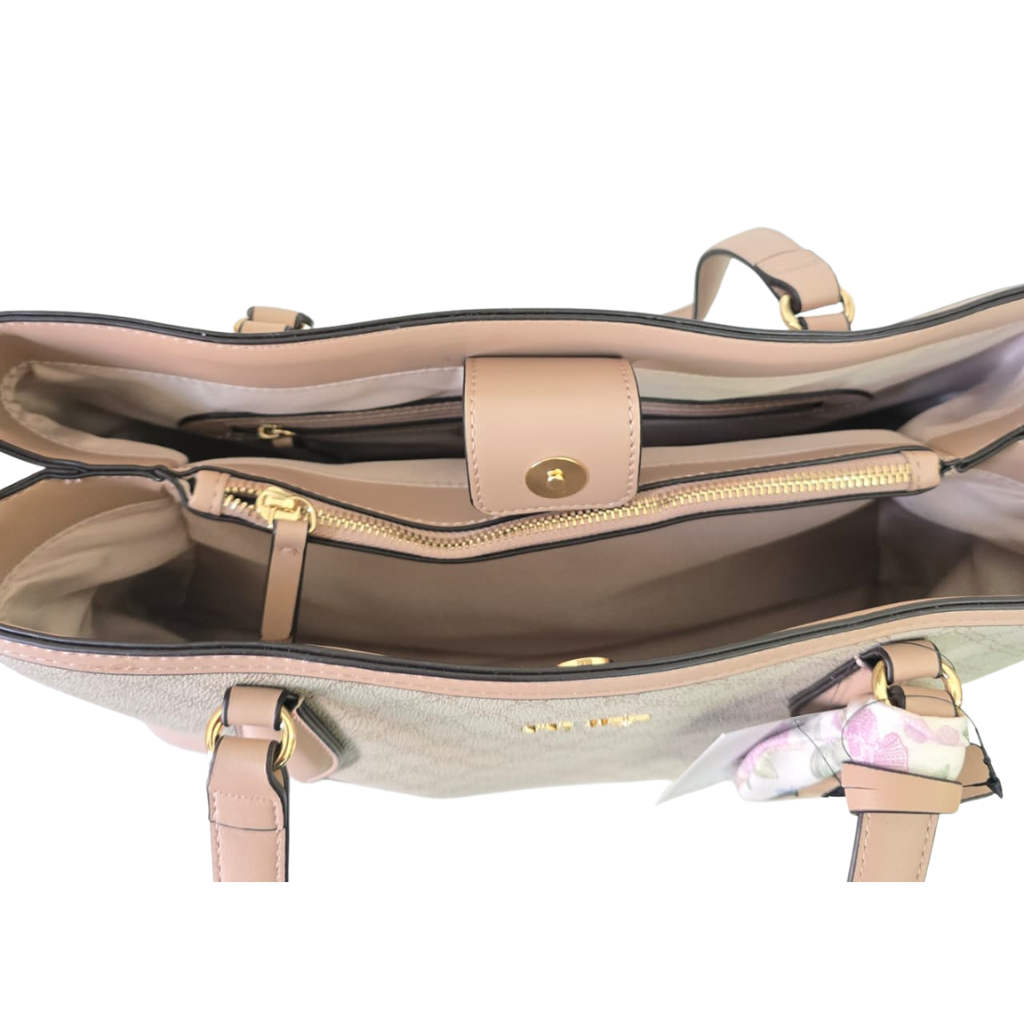 Bolsa Nine West Tote Beige con Detalles Rosa y Monograma