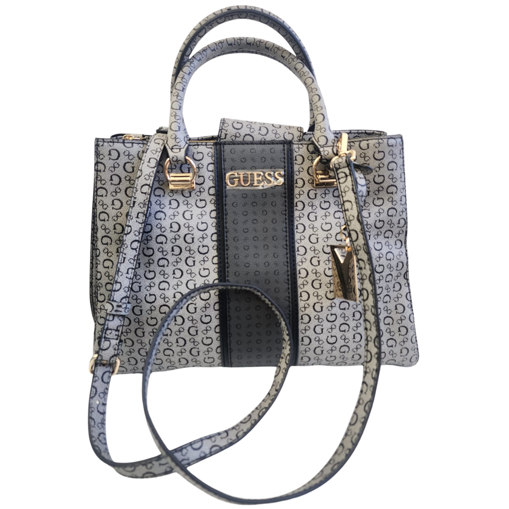 Bolsa Guess satchel monograma gris con correa larga