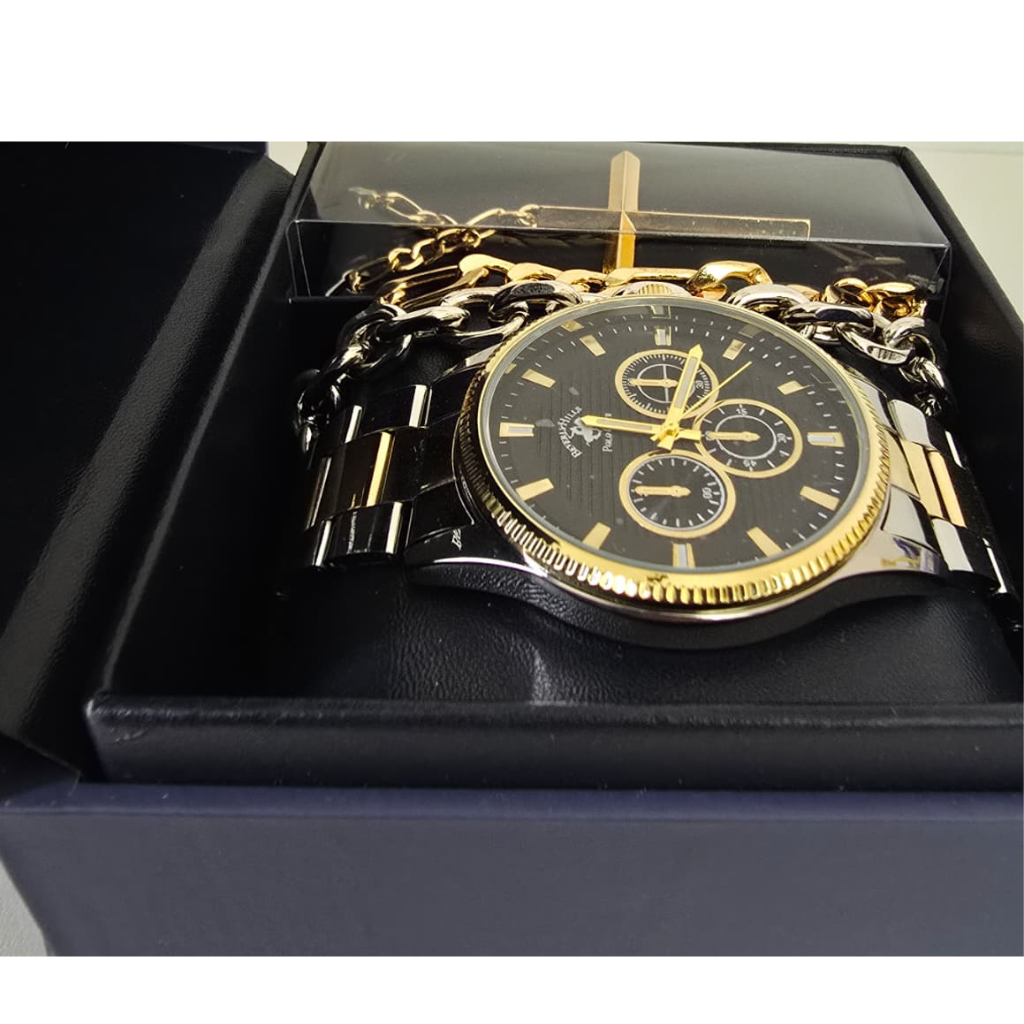 Set Beverly Hills Polo Club para Hombre con Reloj Bicolor, Pulseras y Collar con Cruz