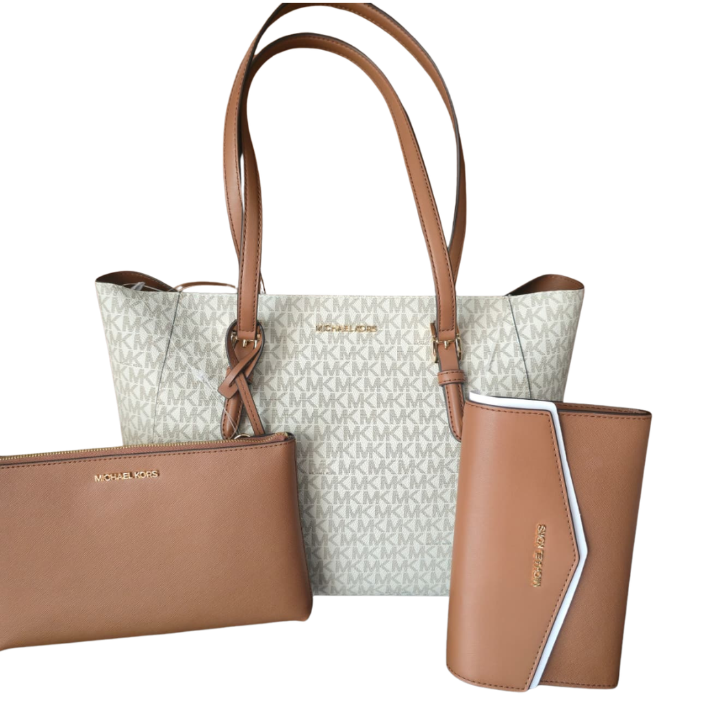 Bolsa Tote Michael Kors Original 3 en 1 Signature Vanilla con Cartera y Pouch Café