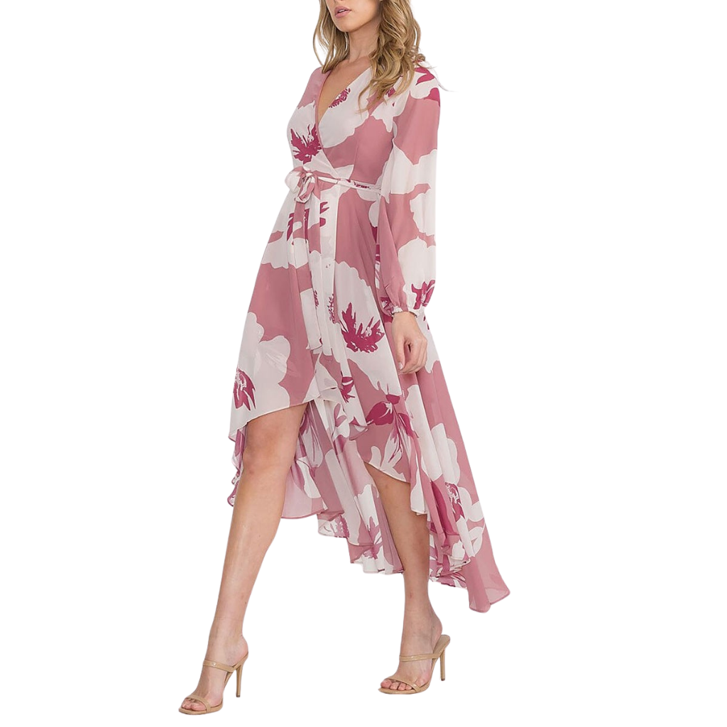 Vestido Largo Asimétrico Floral Rosa con Cinturón