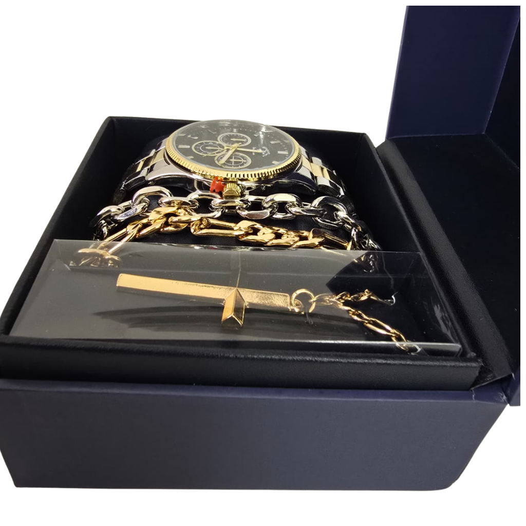 Set Beverly Hills Polo Club para Hombre con Reloj Bicolor, Pulseras y Collar con Cruz