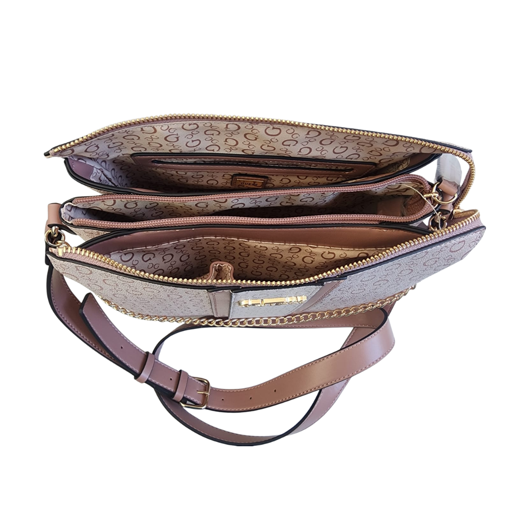 Bolsa Guess crossbody monograma beige / rosa con cadena dorada