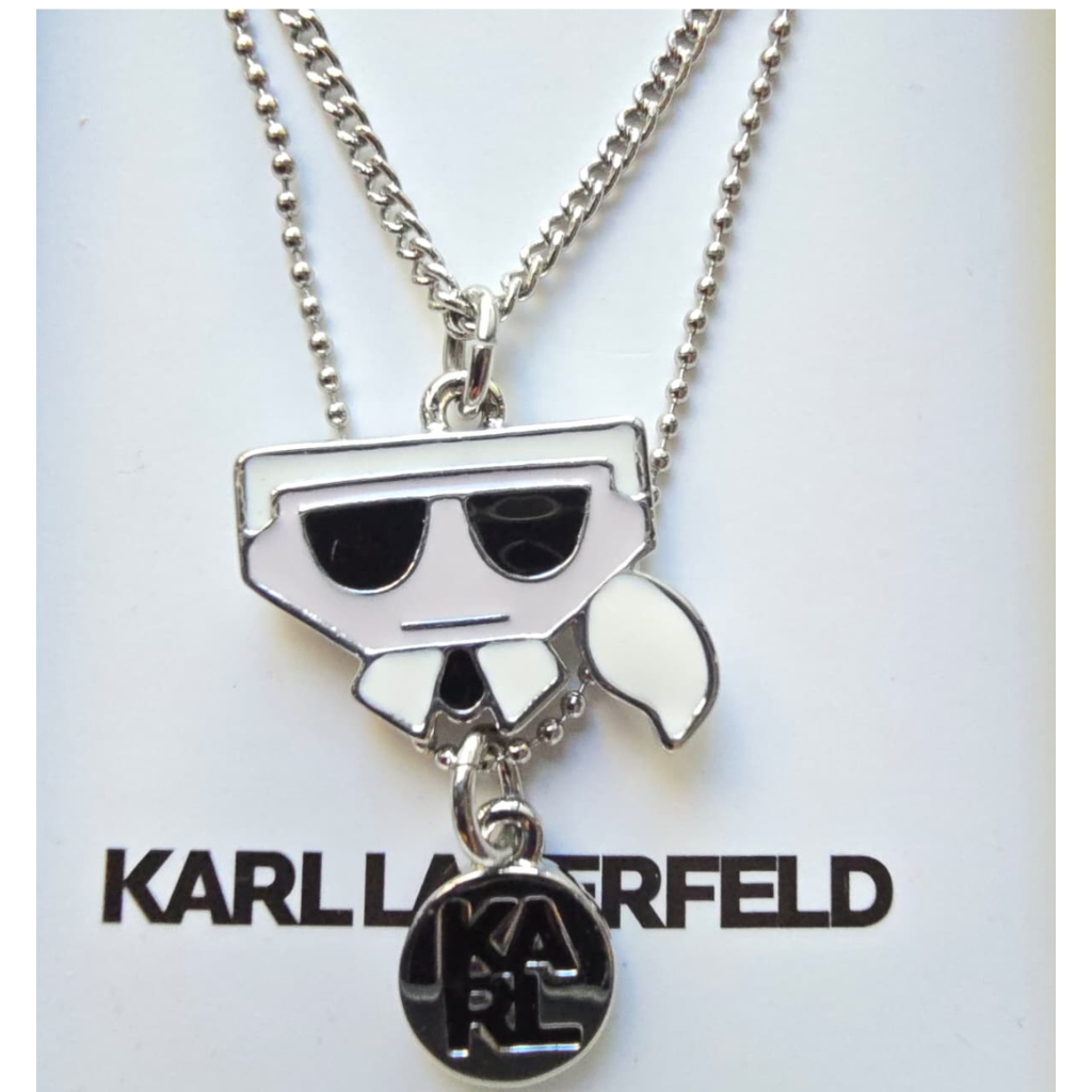 Set Karl Lagerfeld Original Collar Doble con Dije Ikonik Karl + Aretes Negros para Mujer