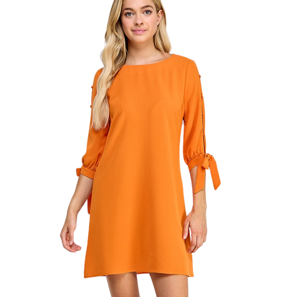Vestido naranja con mangas 3/4 y lazo lateral