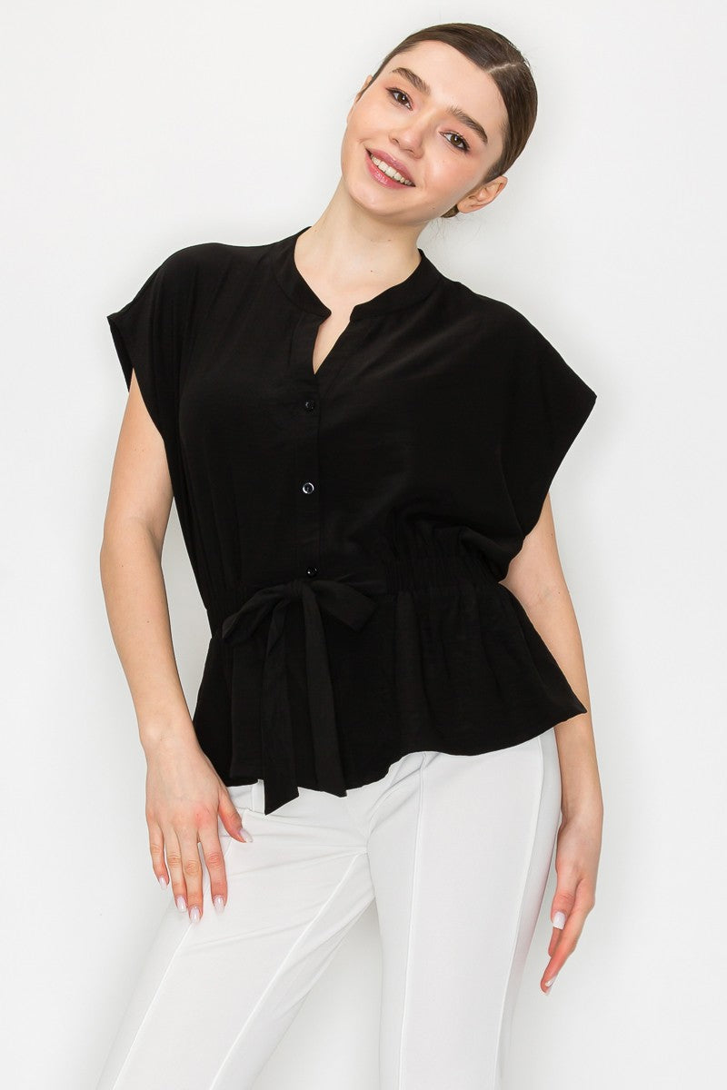 Blusa Negra Elegante Mujer Con Cintura Ajustable y Corte Peplum