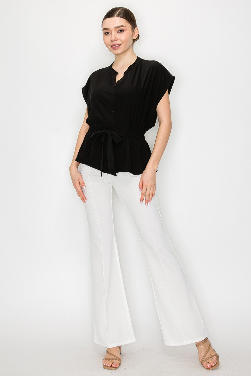Blusa Negra Elegante Mujer Con Cintura Ajustable y Corte Peplum